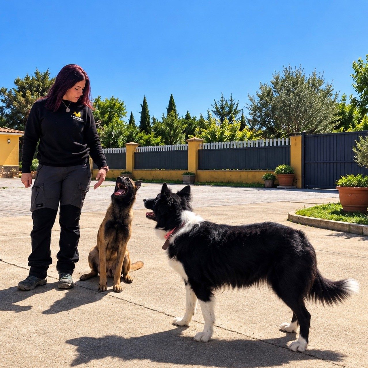 Educadora trabajando la obediencia con dos perros