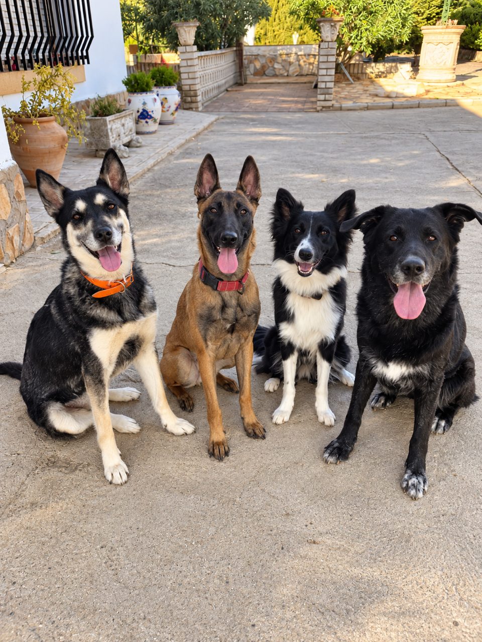 Perros sentados en el patio exterior del centro