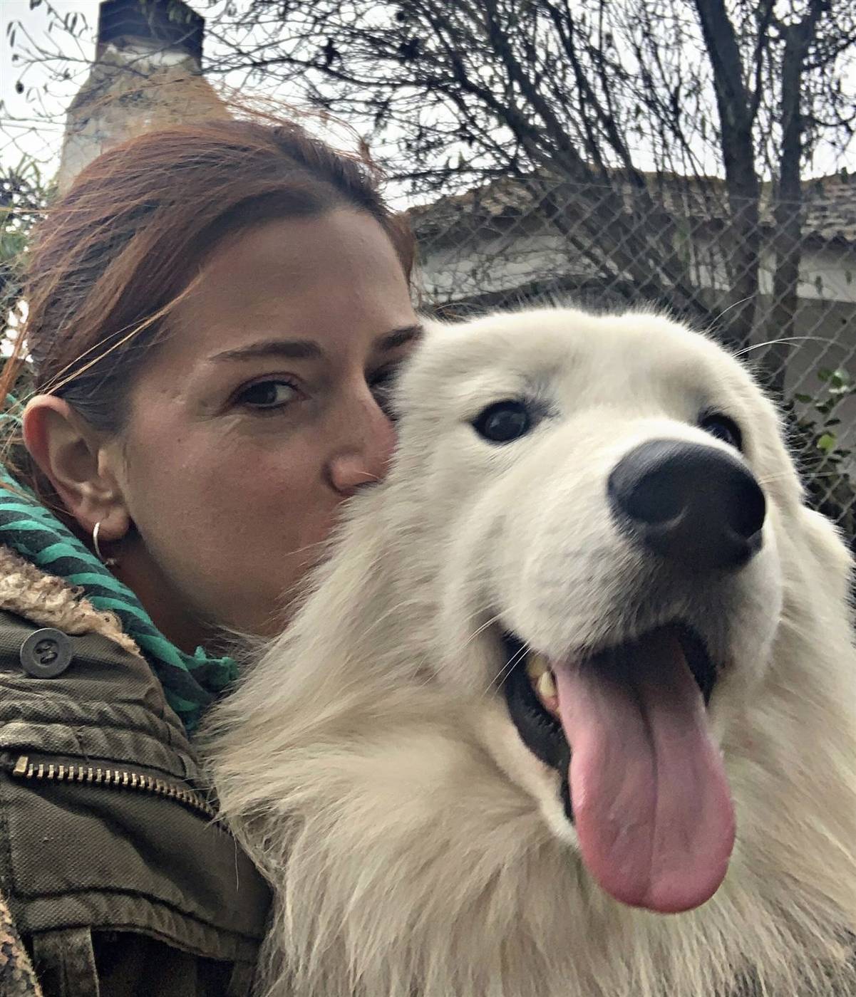 Perro blanco de pelo limpio y cuidado abrazado por su cuidadora